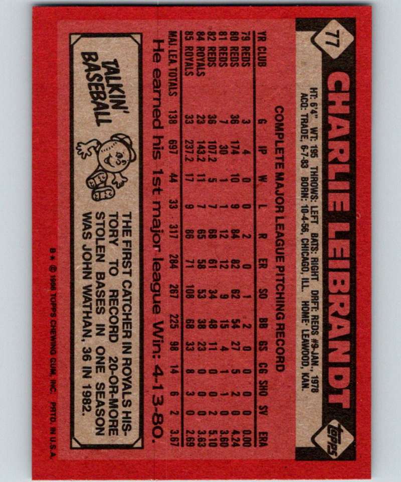 1986 Topps #77 Charlie Leibrandt Royals MLB Baseball Image 2