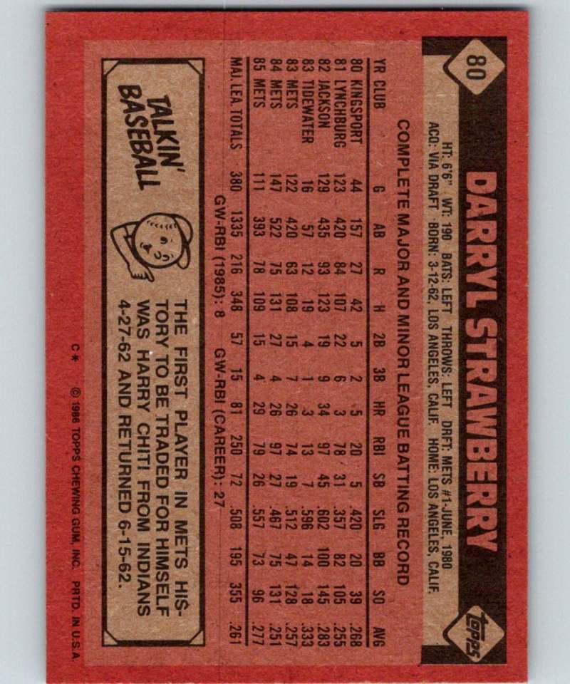 1986 Topps #80 Darryl Strawberry Mets MLB Baseball