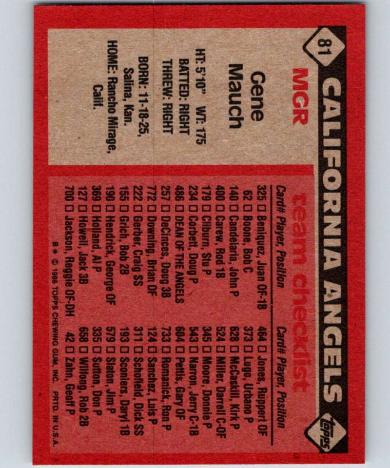 1986 Topps #81 Gene Mauch Angels MG MLB Baseball Image 2