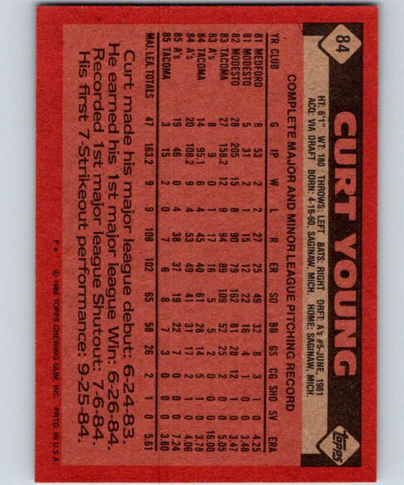 1986 Topps #84 Curt Young Athletics MLB Baseball Image 2