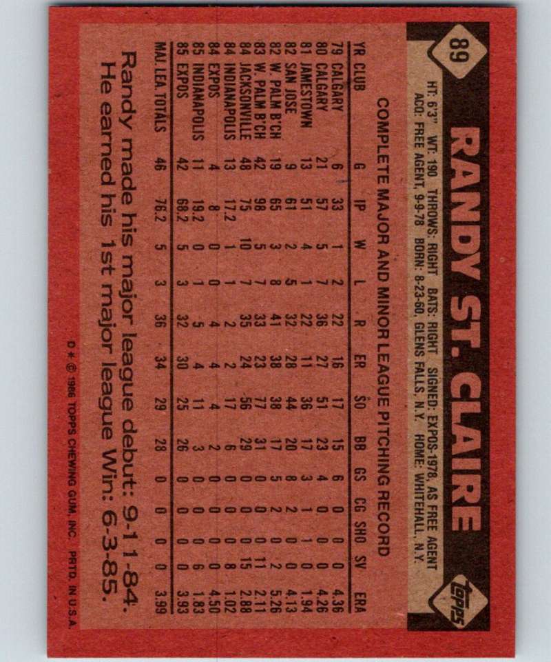 1986 Topps #89 Randy St. Claire Expos MLB Baseball Image 2