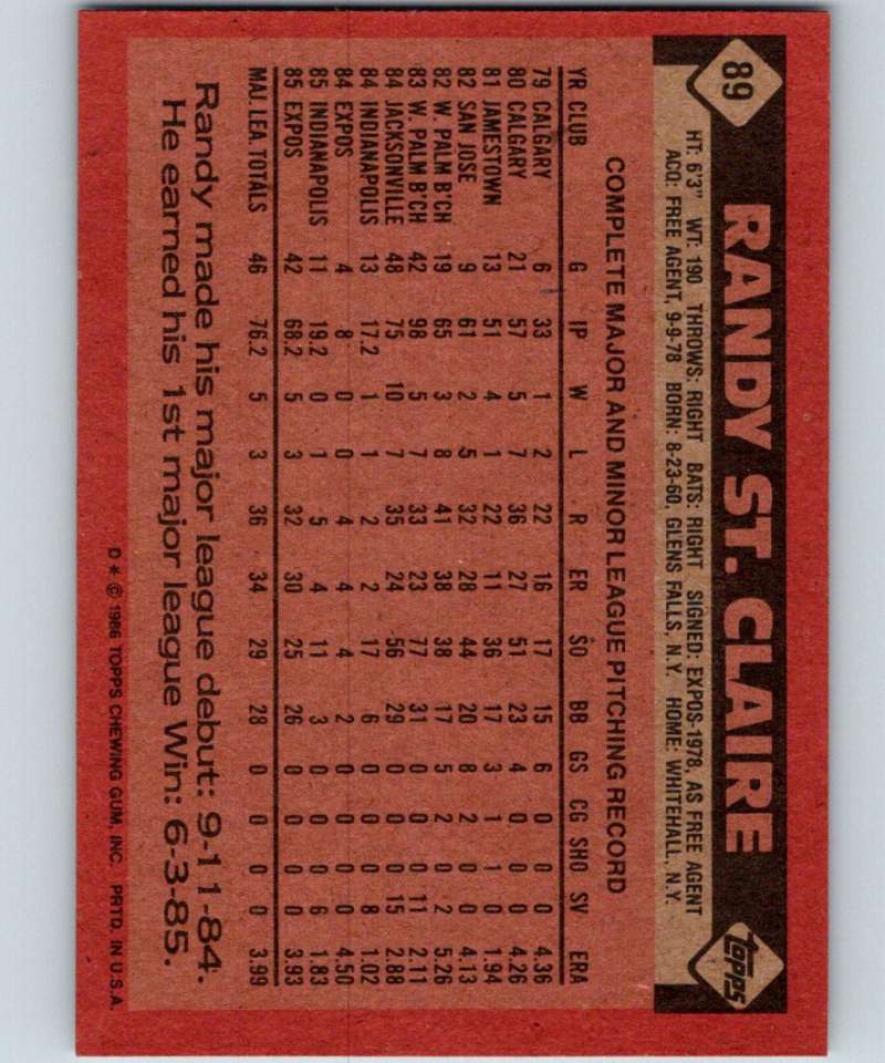 1986 Topps #89 Randy St. Claire Expos MLB Baseball Image 2