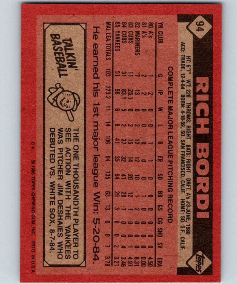 1986 Topps #94 Rich Bordi Yankees MLB Baseball Image 2