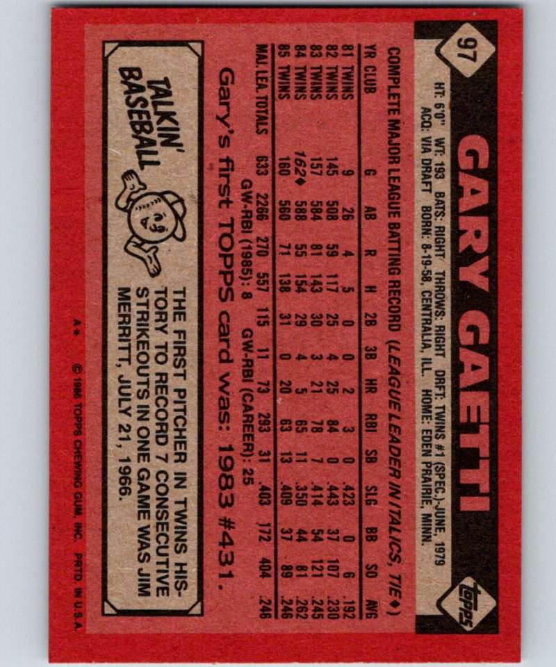 1986 Topps #97 Gary Gaetti Twins MLB Baseball