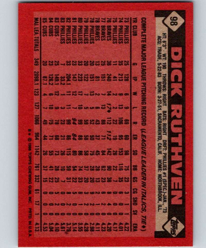 1986 Topps #98 Dick Ruthven Cubs MLB Baseball Image 2