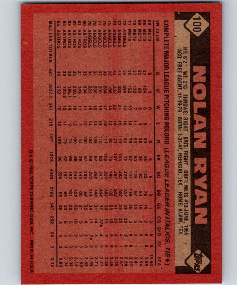 1986 Topps #100 Nolan Ryan Astros MLB Baseball