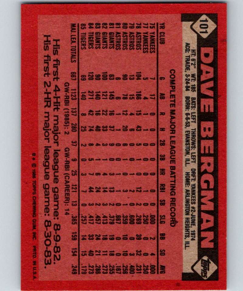 1986 Topps #101 Dave Bergman Tigers MLB Baseball Image 2