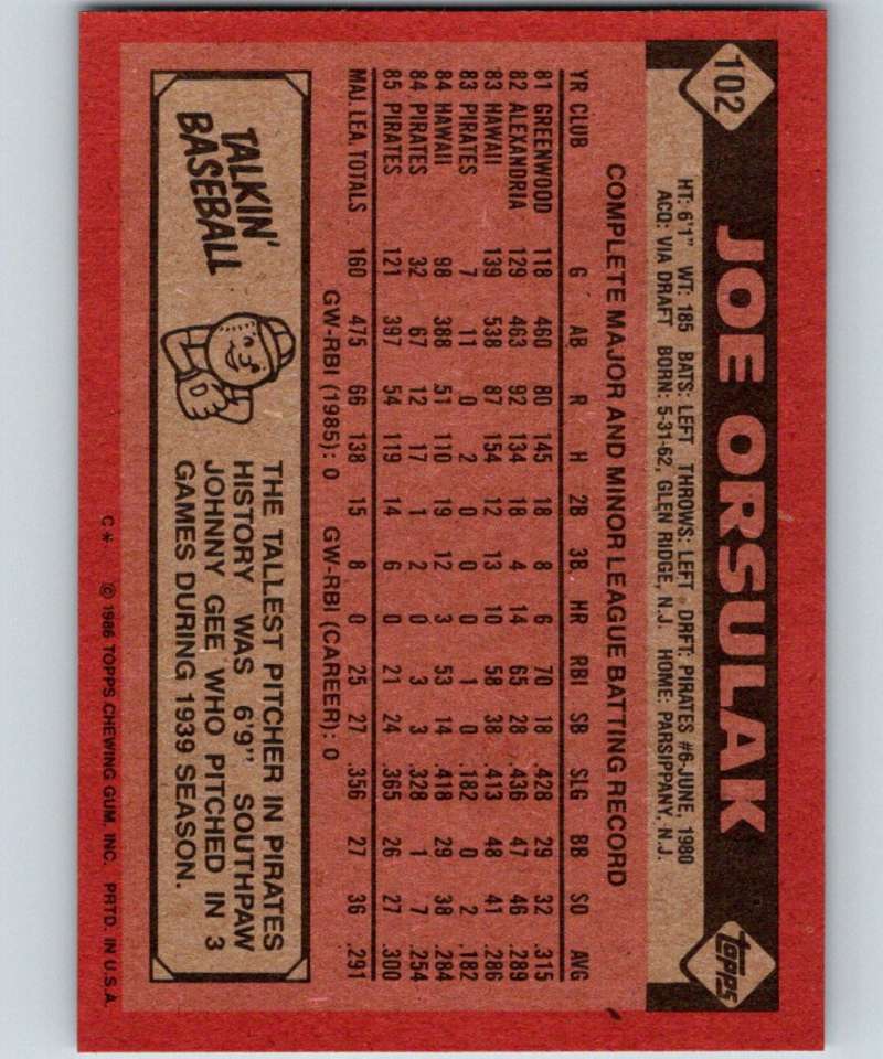 1986 Topps #102 Joe Orsulak RC Rookie Pirates MLB Baseball Image 2