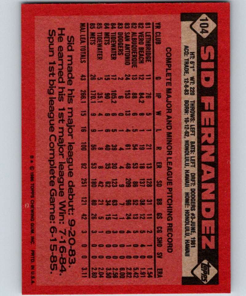 1986 Topps #104 Sid Fernandez Mets MLB Baseball Image 2