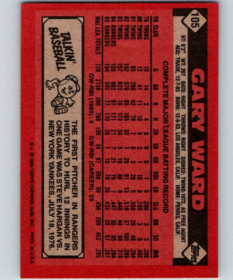 1986 Topps #105 Gary Ward Rangers MLB Baseball Image 2