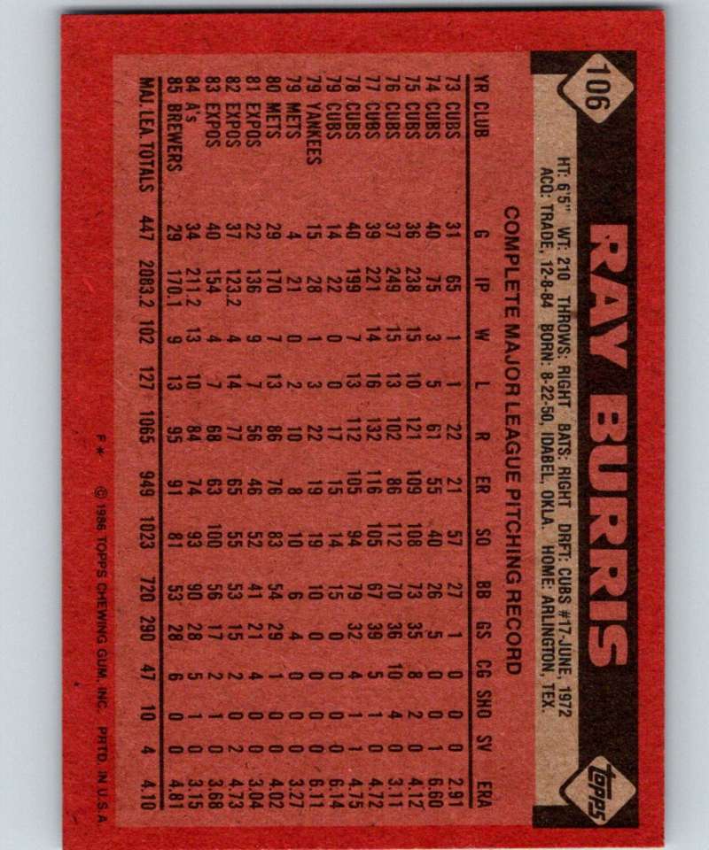 1986 Topps #106 Ray Burris Brewers MLB Baseball