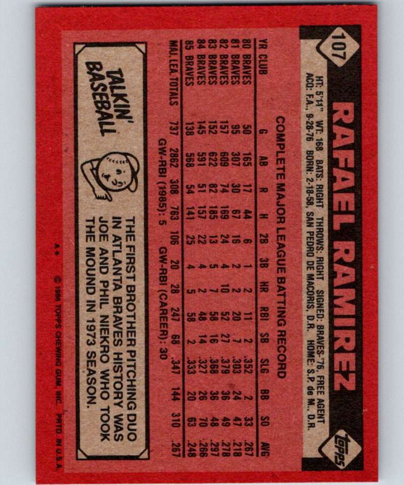 1986 Topps #107 Rafael Ramirez Braves MLB Baseball Image 2