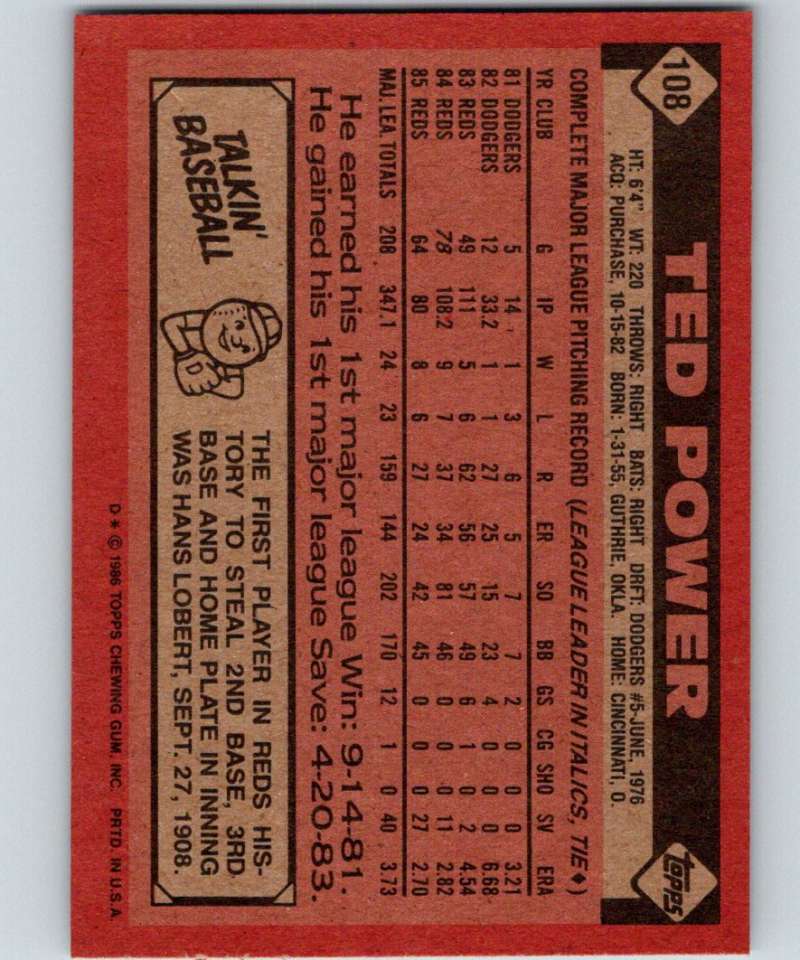 1986 Topps #108 Ted Power Reds MLB Baseball