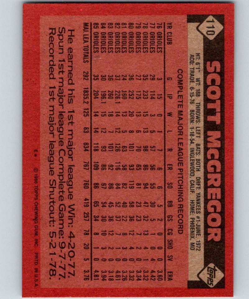 1986 Topps #110 Scott McGregor Orioles MLB Baseball Image 2