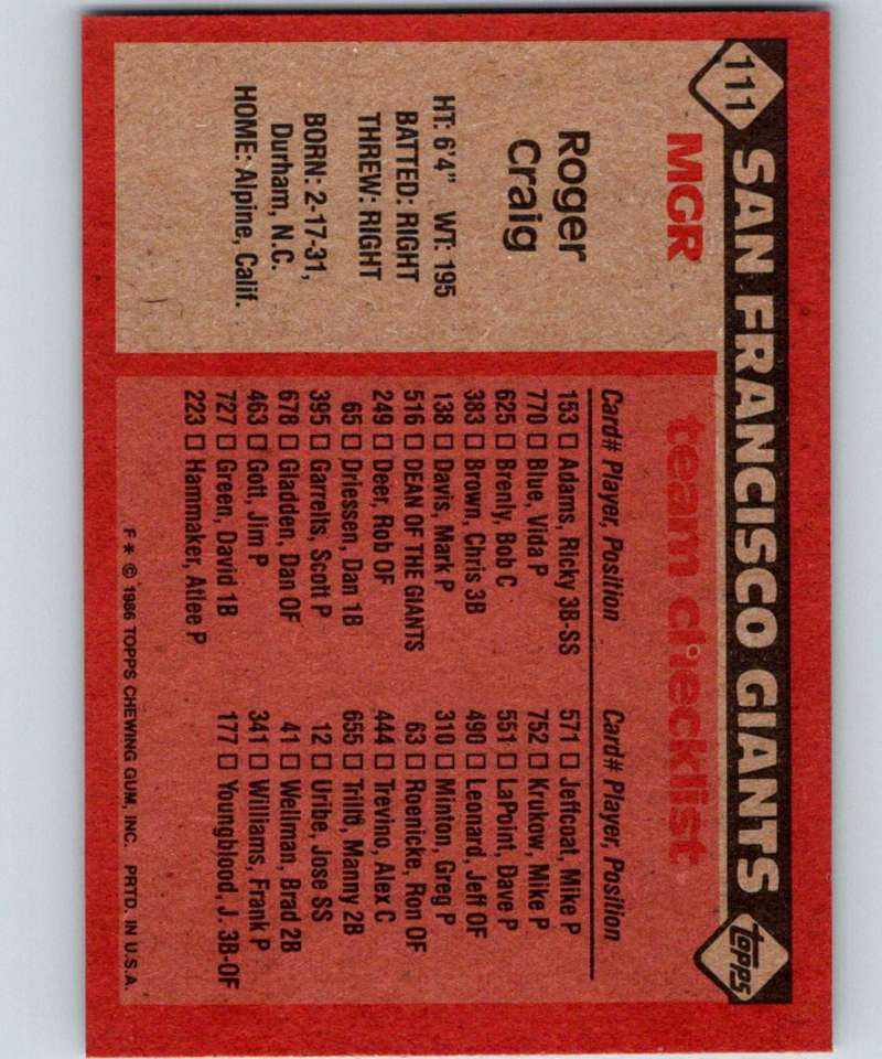 1986 Topps #111 Roger Craig Giants MG MLB Baseball Image 2