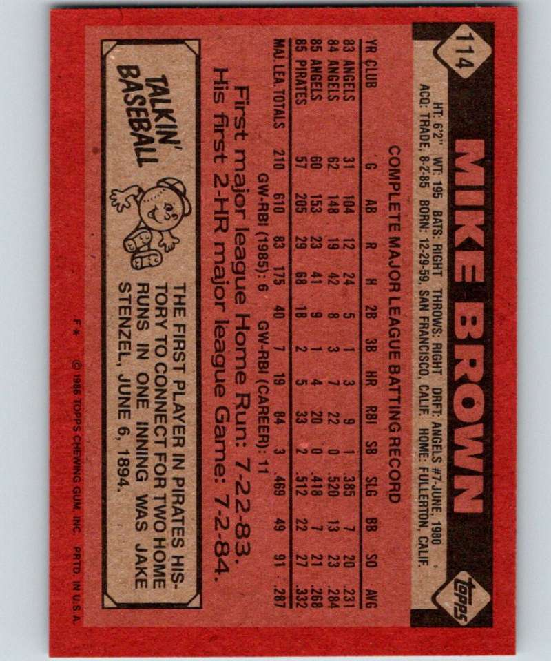 1986 Topps #114 Mike Brown Pirates MLB Baseball Image 2