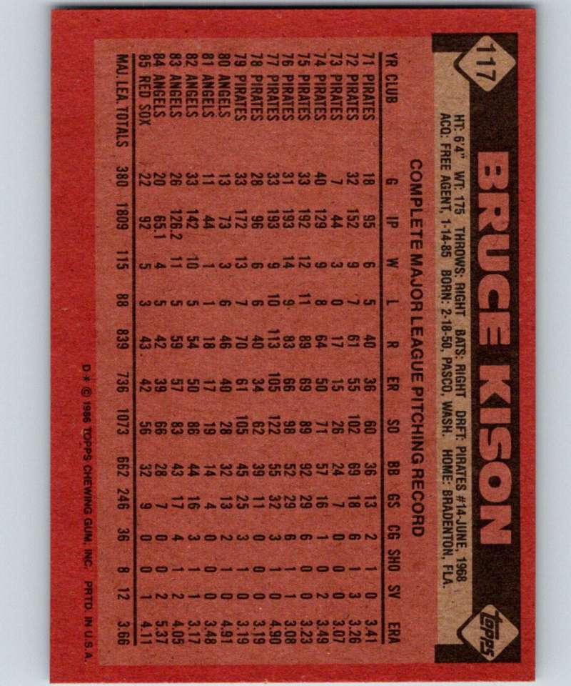 1986 Topps #117 Bruce Kison Red Sox MLB Baseball Image 2