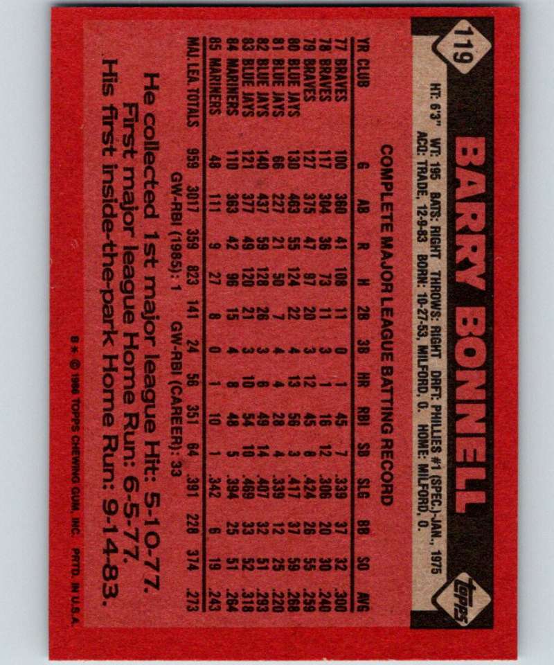1986 Topps #119 Barry Bonnell Mariners MLB Baseball Image 2