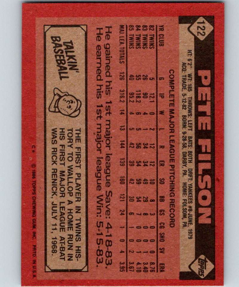 1986 Topps #122 Pete Filson Twins MLB Baseball Image 2