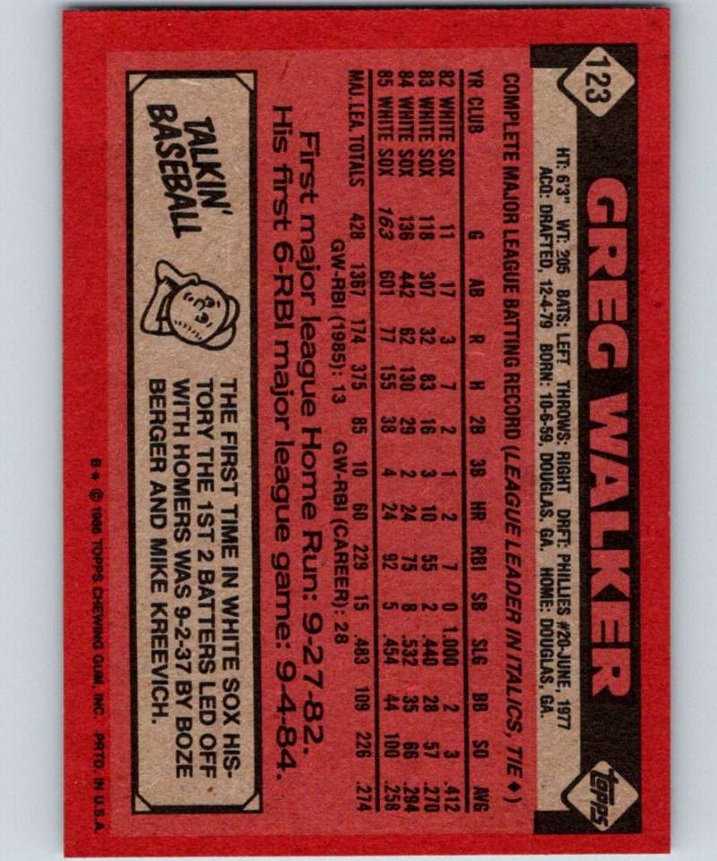 1986 Topps #123 Greg Walker White Sox MLB Baseball Image 2