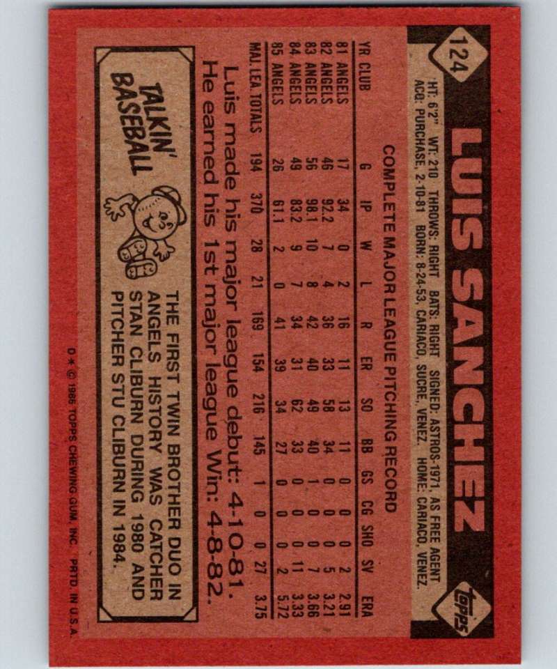 1986 Topps #124 Luis Sanchez Angels MLB Baseball Image 2
