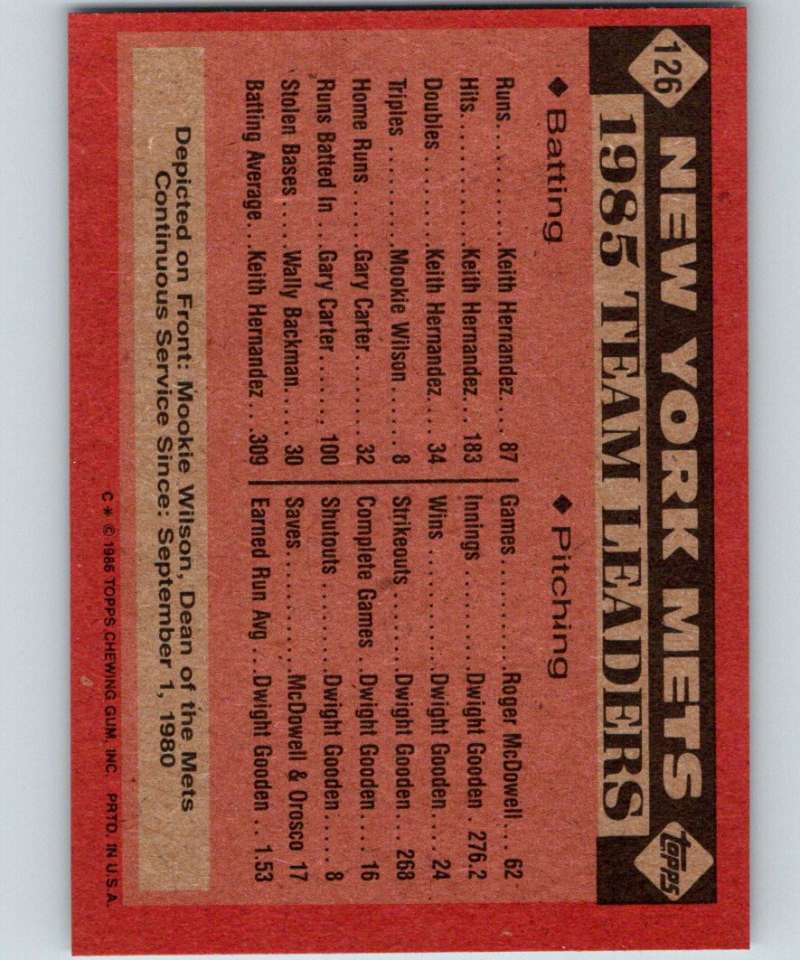 1986 Topps #126 Mookie Wilson Mets Mets Leaders MLB Baseball