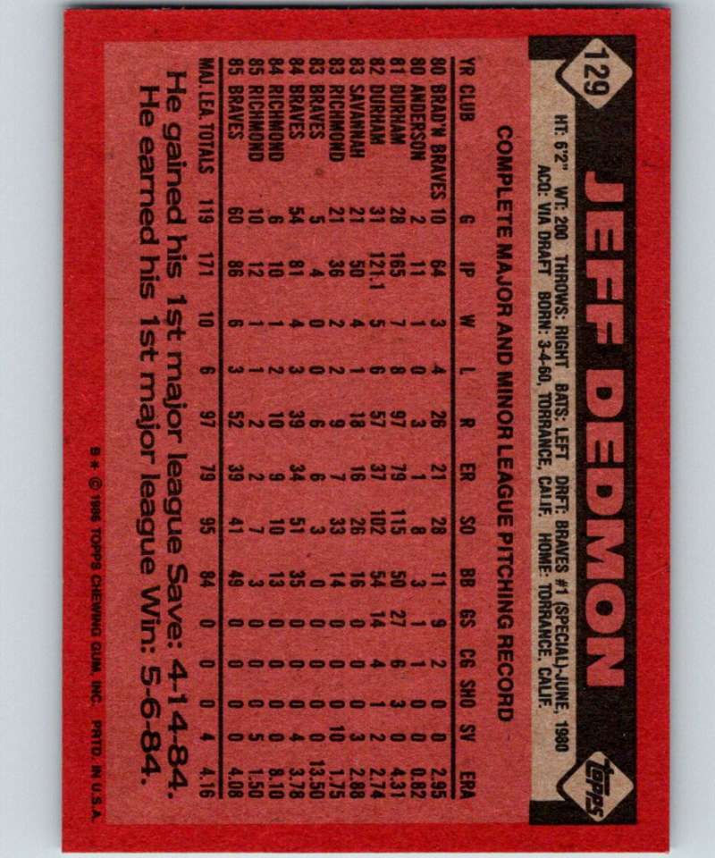 1986 Topps #129 Jeff Dedmon Braves MLB Baseball Image 2
