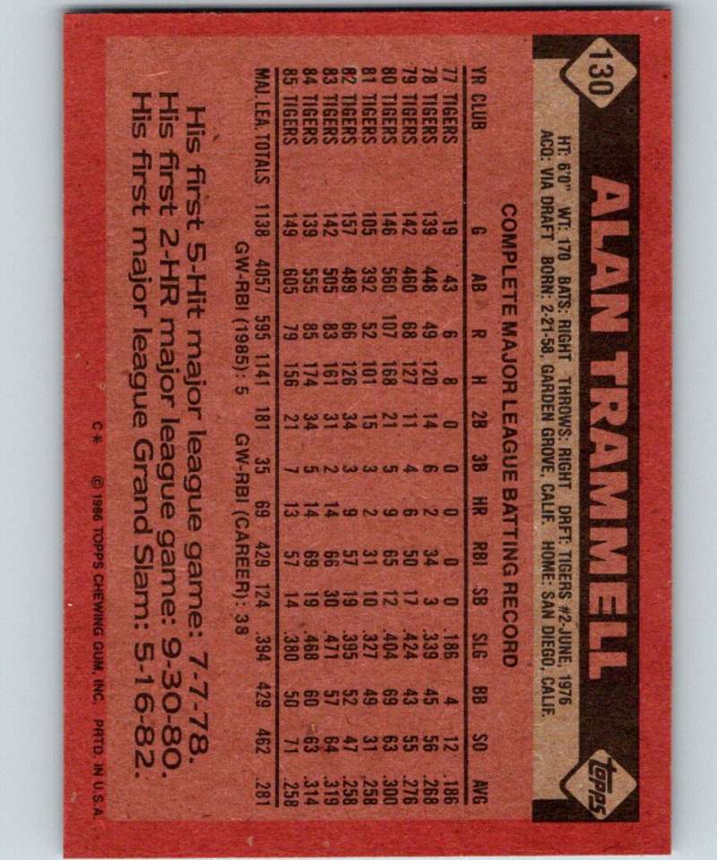 1986 Topps #130 Alan Trammell Tigers MLB Baseball