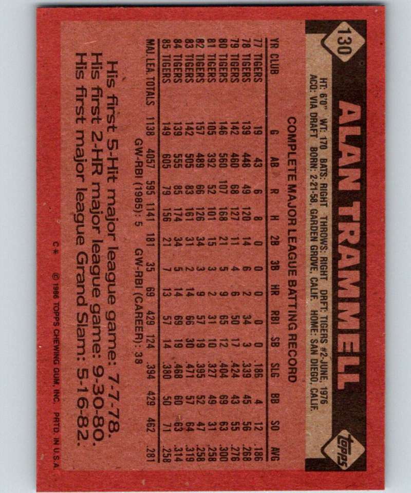 1986 Topps #130 Alan Trammell Tigers MLB Baseball