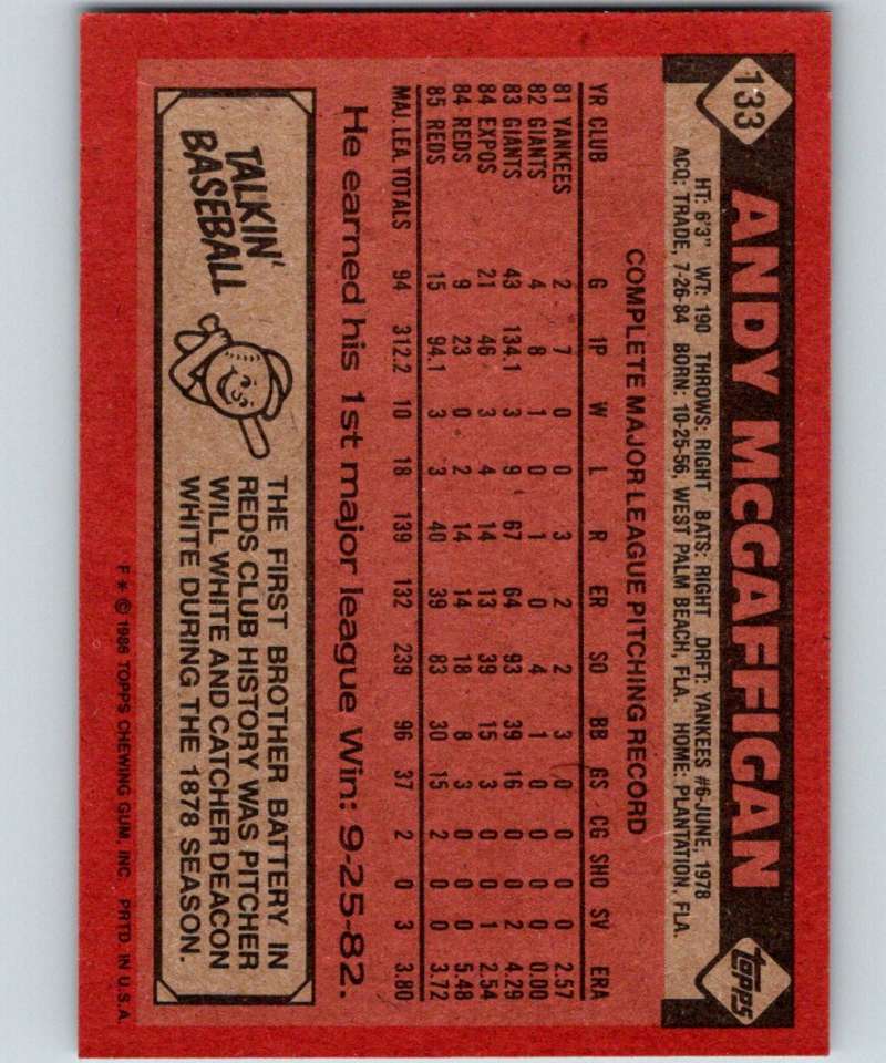 1986 Topps #133 Andy McGaffigan Reds MLB Baseball Image 2