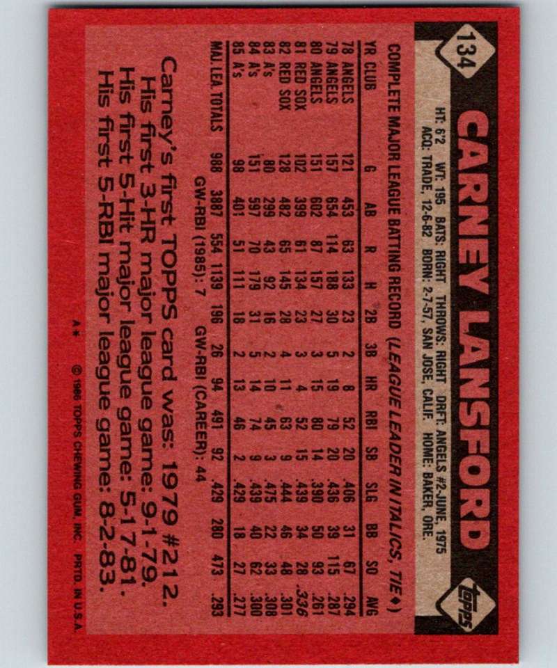 1986 Topps #134 Carney Lansford Athletics MLB Baseball