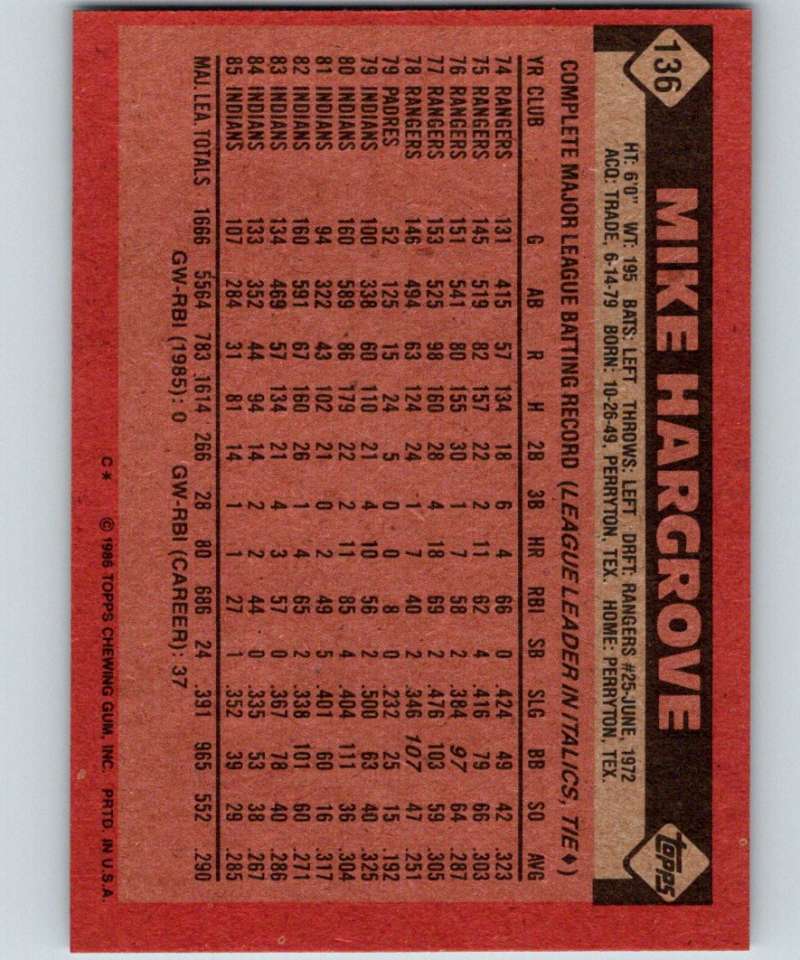 1986 Topps #136 Mike Hargrove Indians MLB Baseball Image 2
