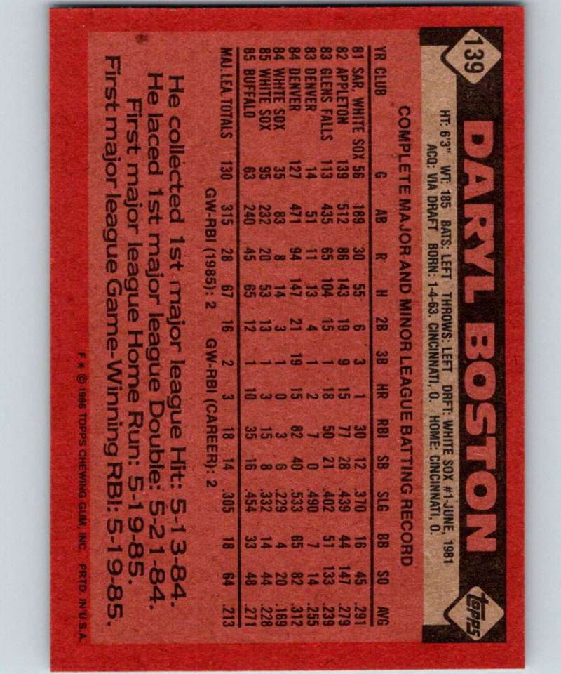 1986 Topps #139 Daryl Boston White Sox MLB Baseball Image 2