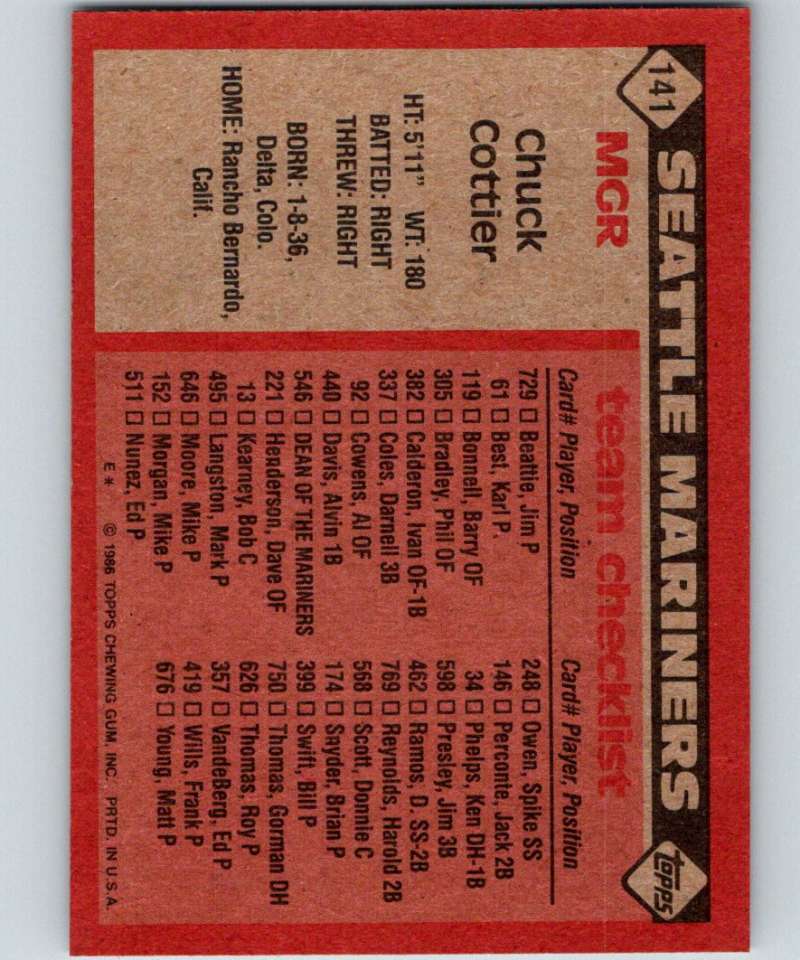 1986 Topps #141 Chuck Cottier Mariners MG MLB Baseball Image 2
