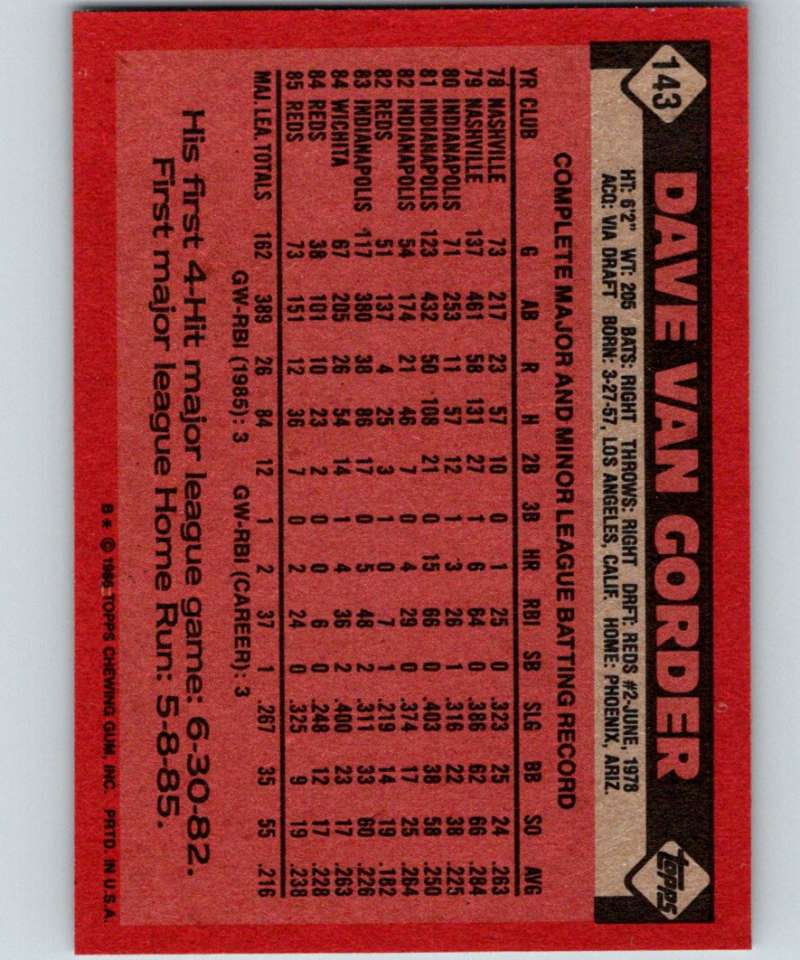 1986 Topps #143 Dave Van Gorder Reds MLB Baseball Image 2