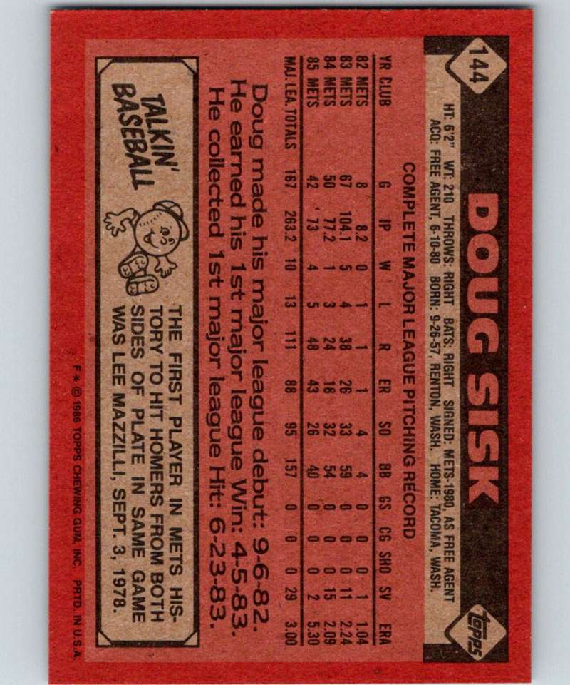 1986 Topps #144 Doug Sisk Mets MLB Baseball Image 2
