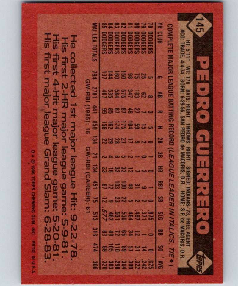 1986 Topps #145 Pedro Guerrero Dodgers MLB Baseball