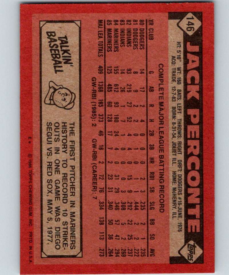 1986 Topps #146 Jack Perconte Mariners MLB Baseball Image 2