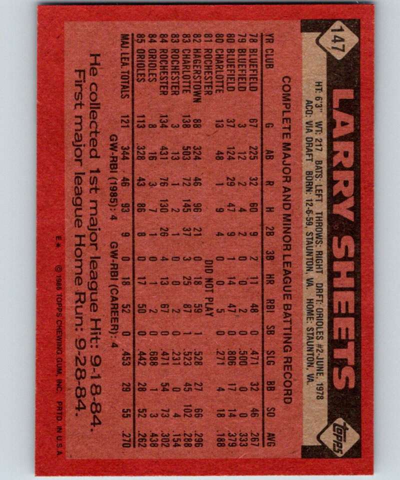 1986 Topps #147 Larry Sheets Orioles MLB Baseball Image 2