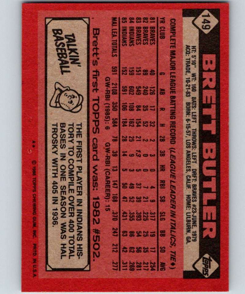 1986 Topps #149 Brett Butler Indians MLB Baseball Image 2