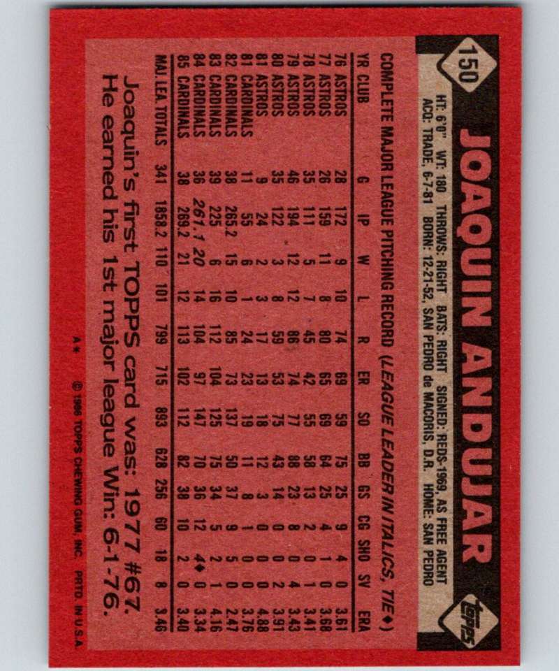 1986 Topps #150 Joaquin Andujar Cardinals MLB Baseball Image 2