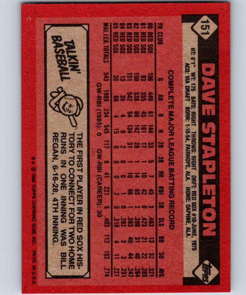 1986 Topps #151 Dave Stapleton Red Sox MLB Baseball Image 2