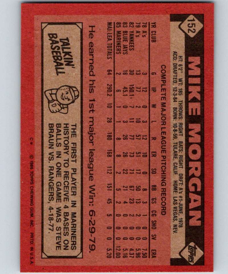 1986 Topps #152 Mike Morgan Mariners MLB Baseball