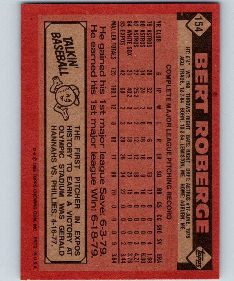 1986 Topps #154 Bert Roberge Expos MLB Baseball