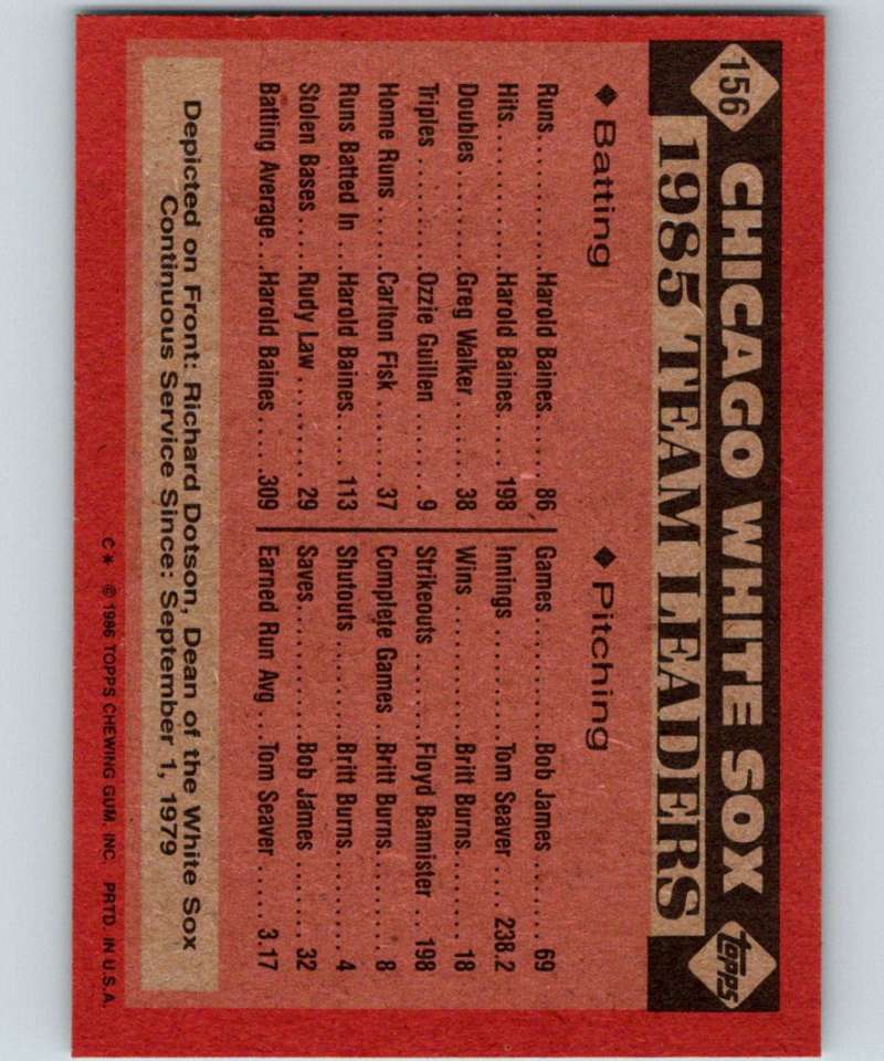 1986 Topps #156 Richard Dotson White Sox White Sox Leaders MLB Baseball Image 2