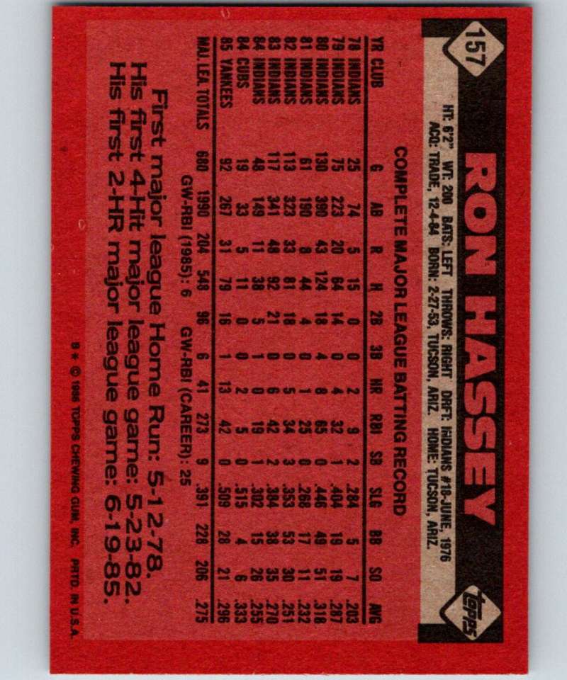 1986 Topps #157 Ron Hassey Yankees MLB Baseball Image 2