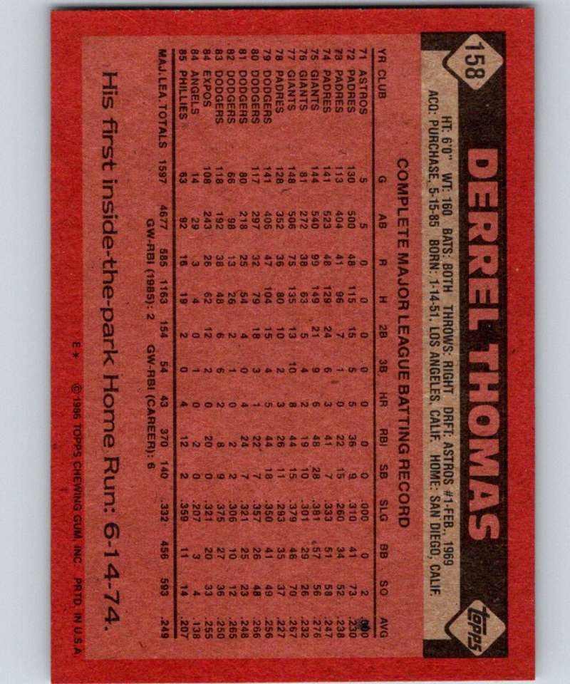 1986 Topps #158 Derrel Thomas Phillies MLB Baseball Image 2