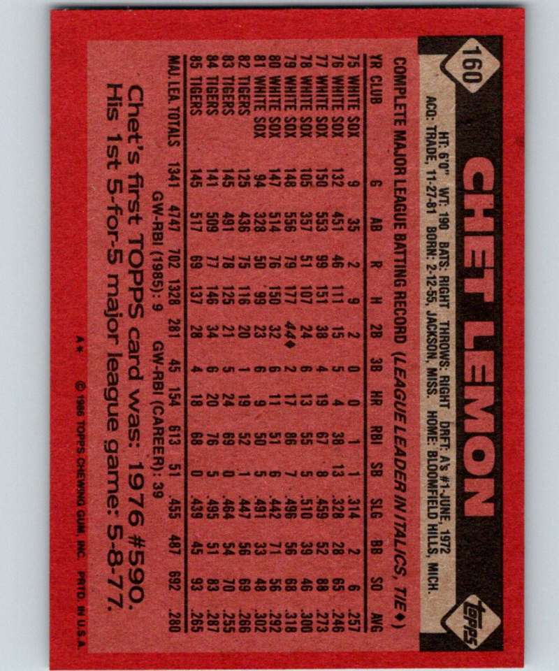 1986 Topps #160 Chet Lemon Tigers MLB Baseball Image 2