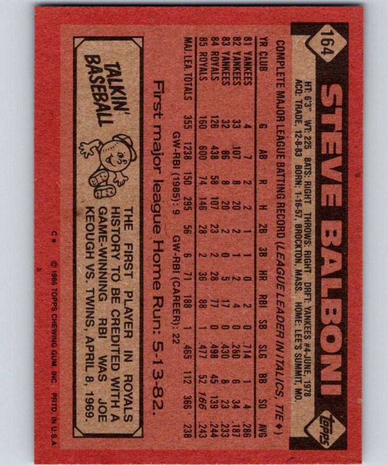1986 Topps #164 Steve Balboni Royals MLB Baseball Image 2