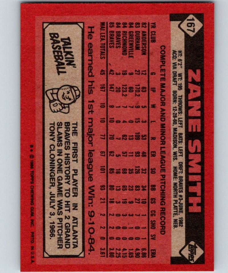 1986 Topps #167 Zane Smith Braves MLB Baseball Image 2